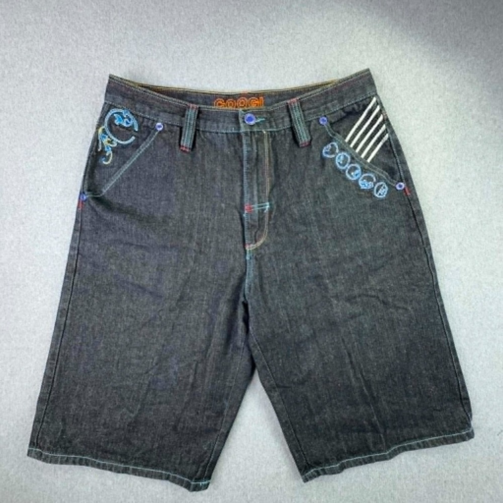 COOGI Denim Shorts Mens 38 Black‎ Embroidered Y2K Hip Hop Streetwear MCMLXIX